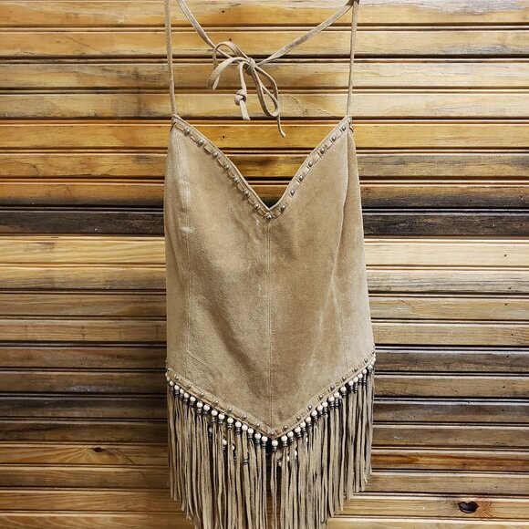 VTG Cripple Creek Women's Tan Suede Fringe Western/Boho Halter Top Bk-Zip Sz XL - Picture 2 of 5